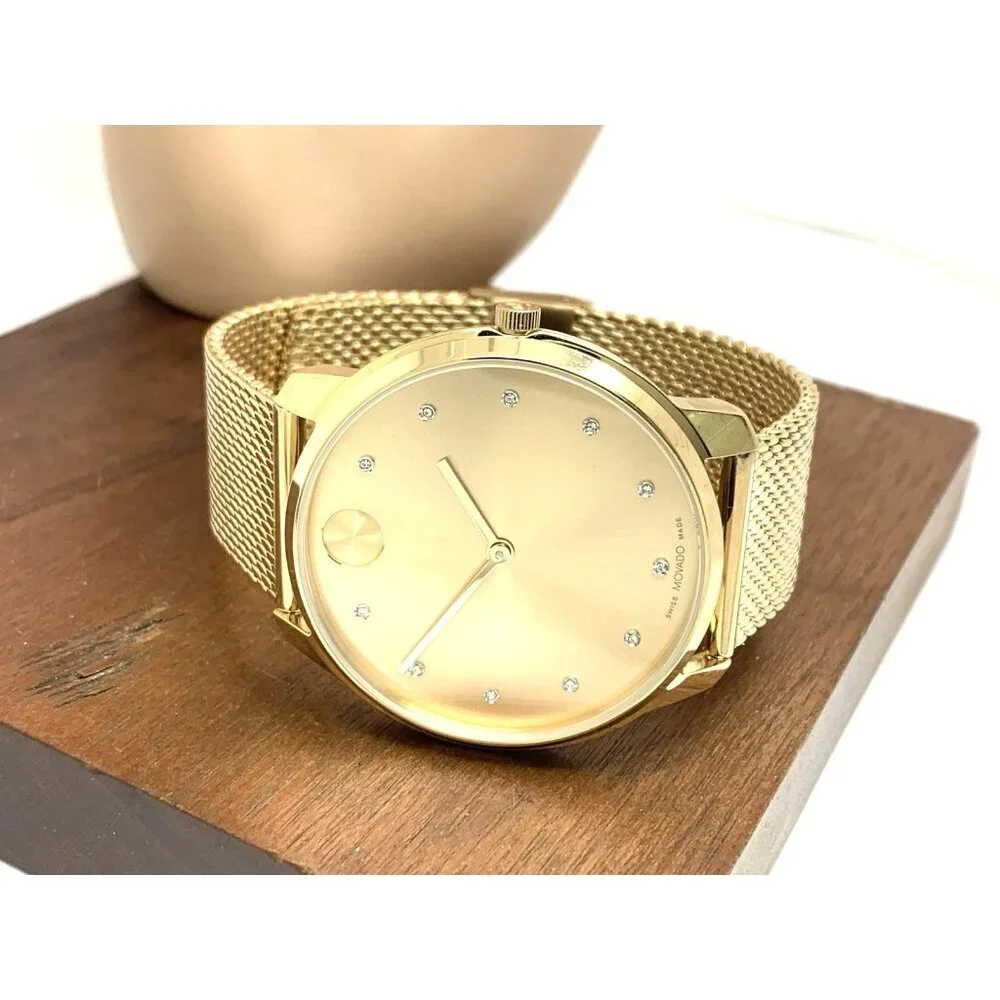 Movado Men's Watch 3600903 Diamond Gold Dial Swiss Quartz Mesh Steel Band 42mm